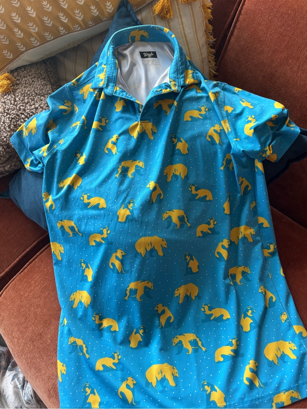 Waggle Kids' Blue Polo with Yellow Bear Print